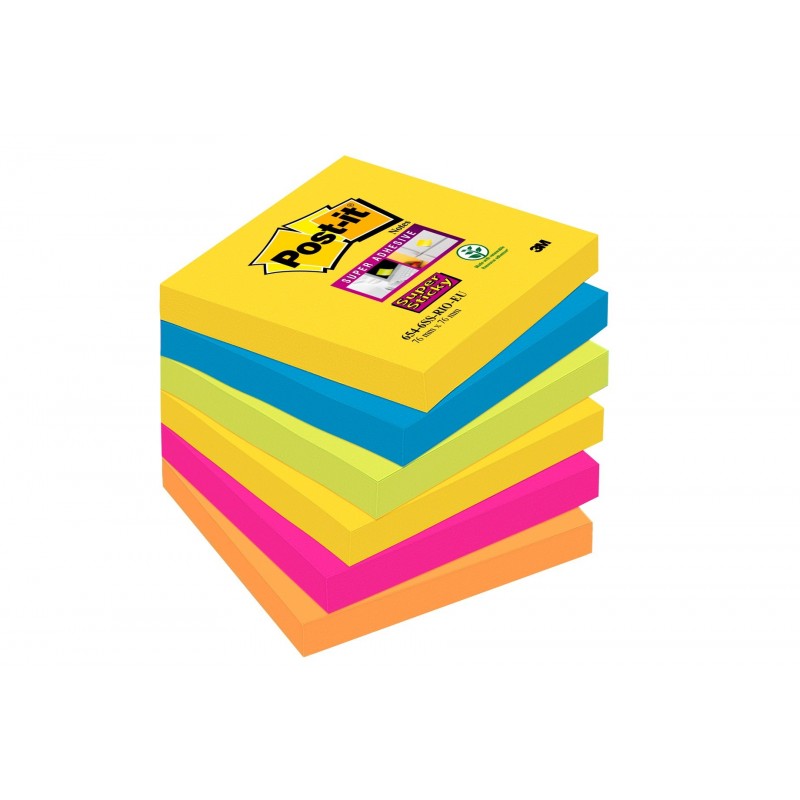  POST-IT Lot de 6 blocs Notes Super Sticky POST-IT® couleurs RIO 90 feuilles 76 x 76 mm