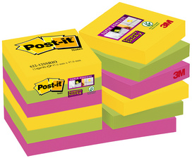 POST-IT Lot de 12 blocs Super Sticky Rio 90 feuilles 47,6x47,6mm, coloris Jaune néon, Vert néon, Fuchsia