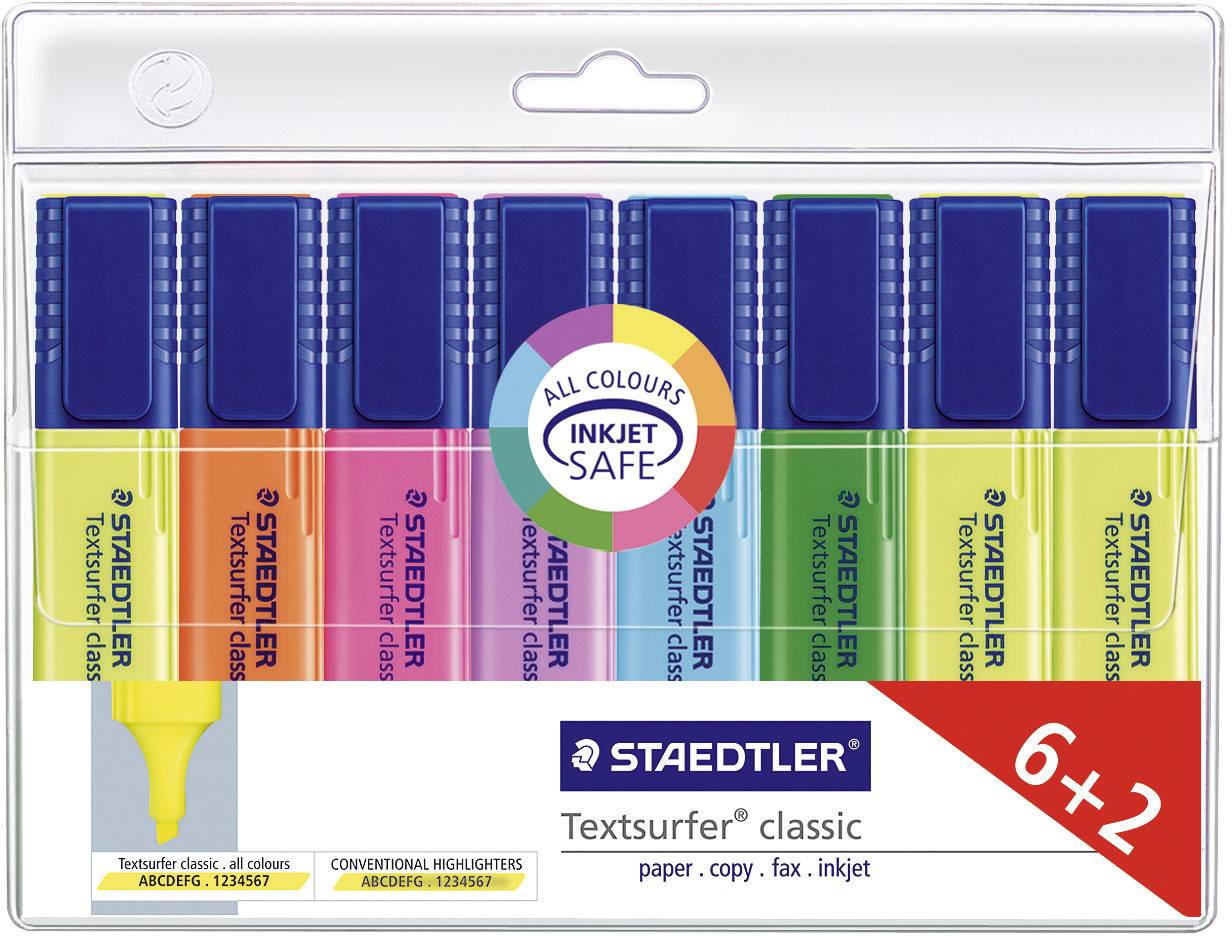 STAEDTLER Pochette de 8 surligneurs Textsurfer - 3 Jaune, 1 Rose, 1 Bleu, 1 Vert, 1 Orange, 1 Violet - N° article fabricant : 364 A WP8