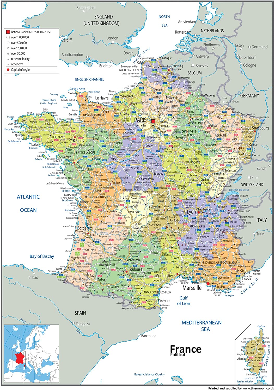 Carte géopolitique de France - Papier plastifié - A0 Taille 84,1 x 118,9 cm 