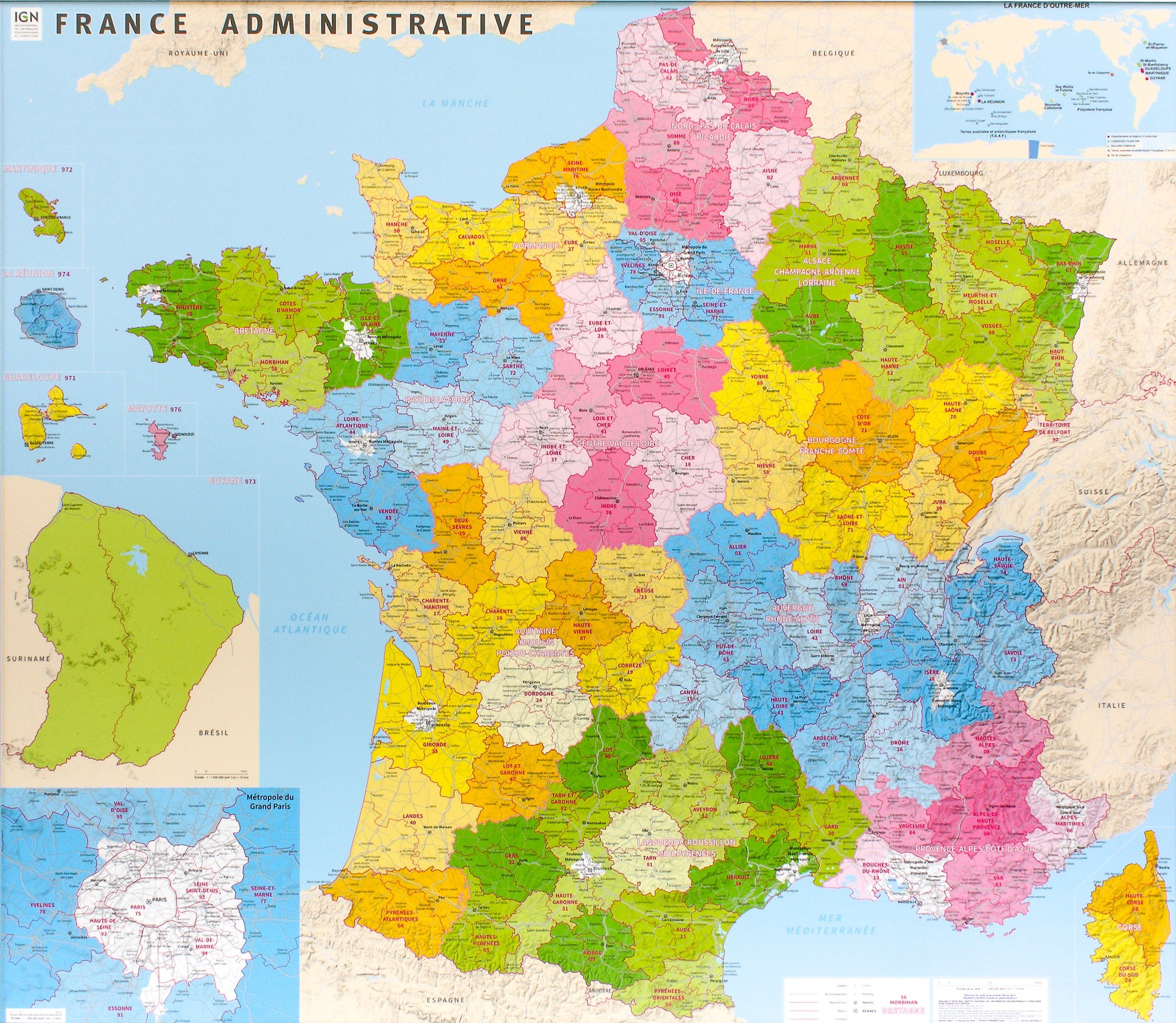 Poster plastifié - France administrative (nouvelles régions) - 98 x 113 cm | IGN 