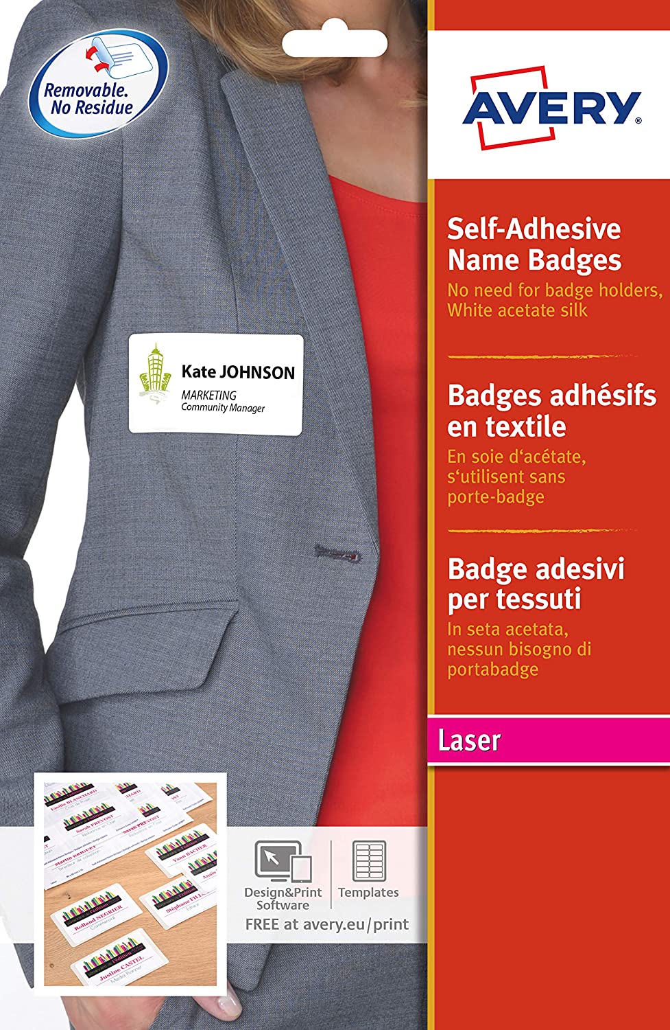 AVERY - Pochette de 200 badges autocollants imprimables pour textile, En soie d'acétate blanche, Format 80 x 50 mm, Impression laser, (L4785-20) 