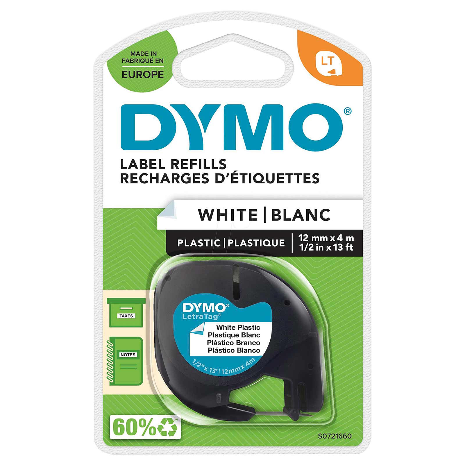 S0721660 - Dymo Ruban LT S0721660 plastique pour étiqueteuse LetraTag - 12 mm x 4 m - Noir sur Blanc