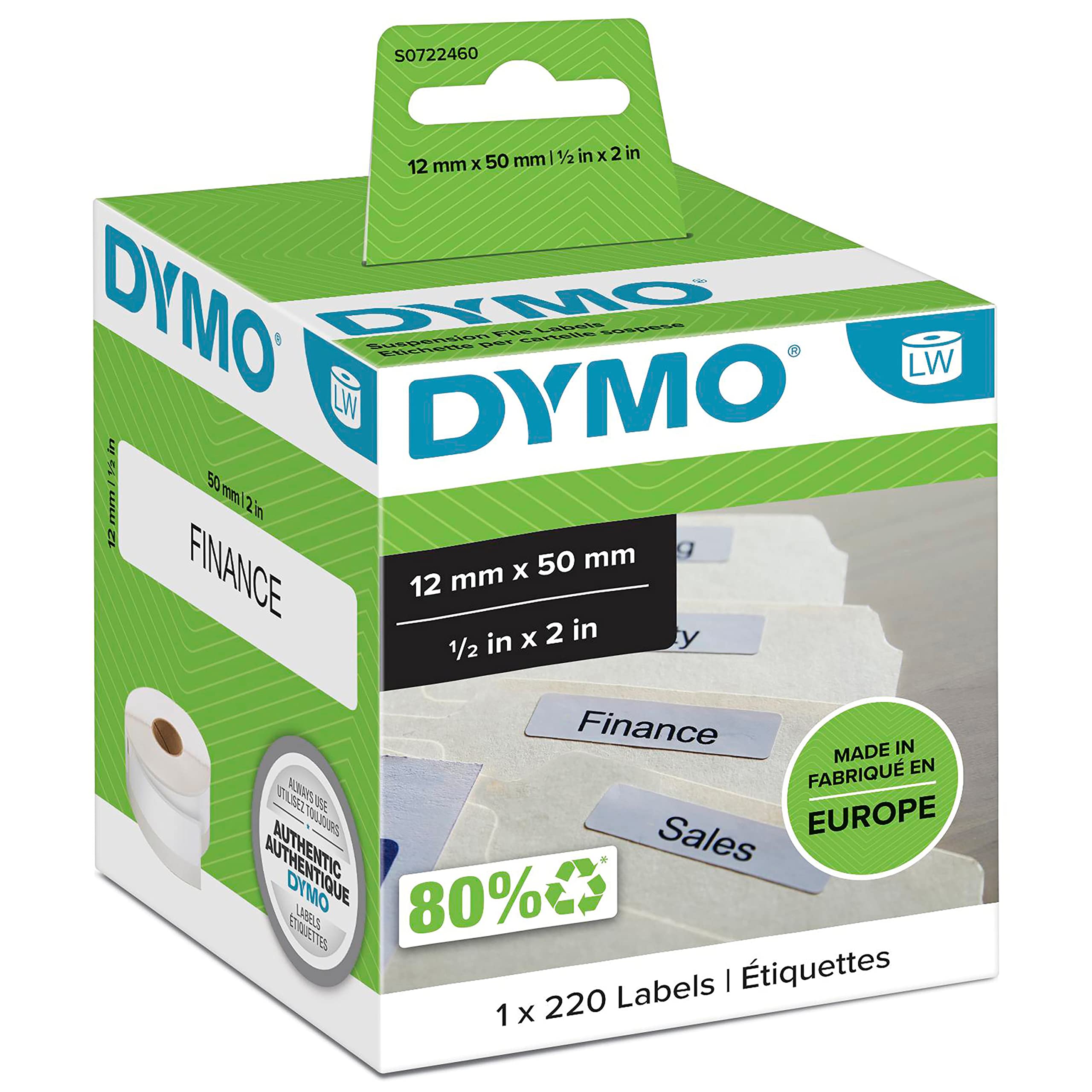 Dymo Etiquettes pour titreuse LabelWriter pour dossiers suspendus - 50x12 mm - boîte de 220 étiquettes - Modèle S0722460