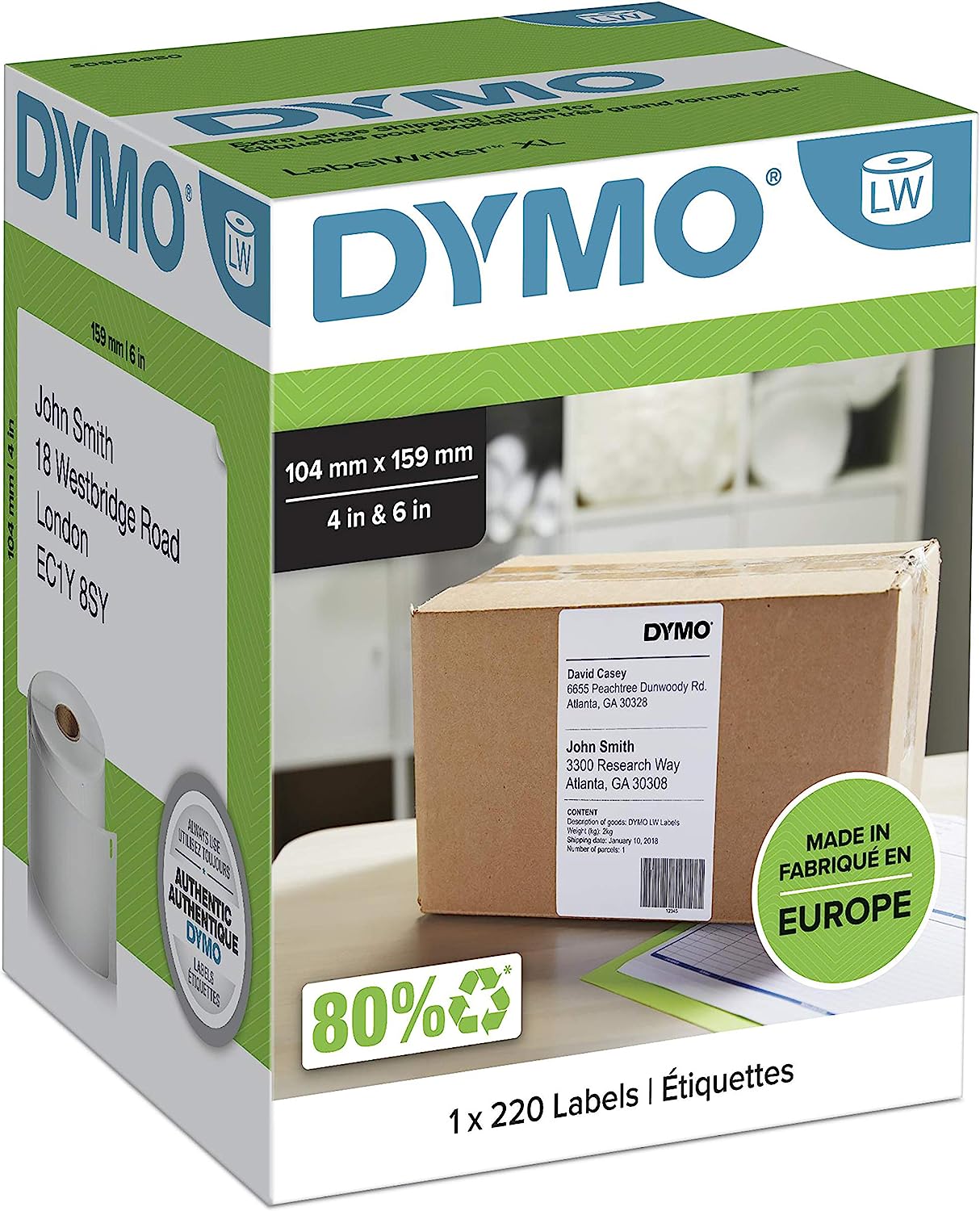 Dymo LabelWriter Etiquettes d'expédition - 4 XL / 5 XL -Rouleau de 220 étiquettes 104 x 159 mm - Noir sur blanc 