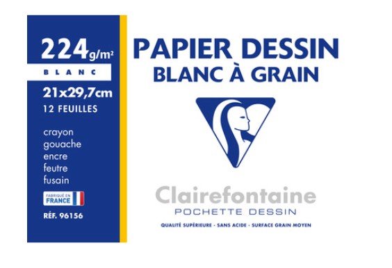 POCHETTE 12 FEUILLES DESSIN A GRAIN A4 21X29.7 224G