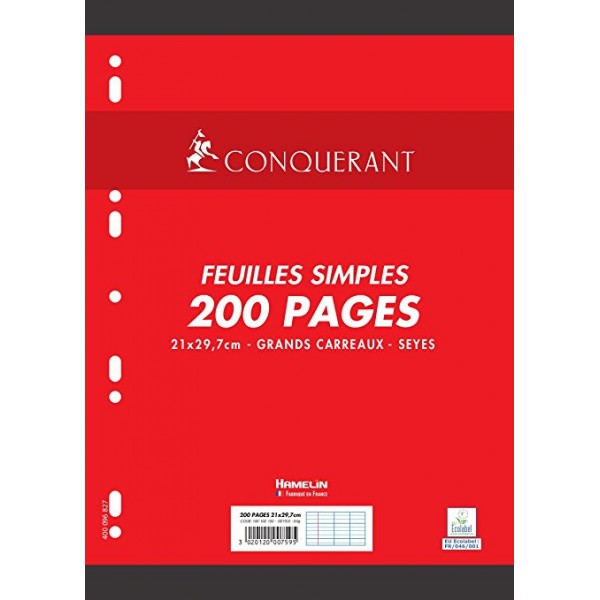 200 FEUILLETS MOBILES- FEUILLES SIMPLES A4 SEYES BLANC 90G PERFOREES