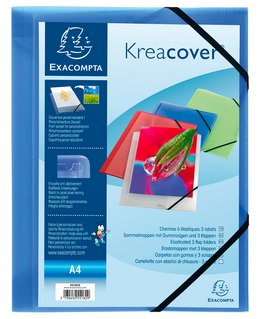 CHEMISE PERSONNALISABLE 3 RABATS+ELASTIQUE PP A4 BLEU TRANSPARENT