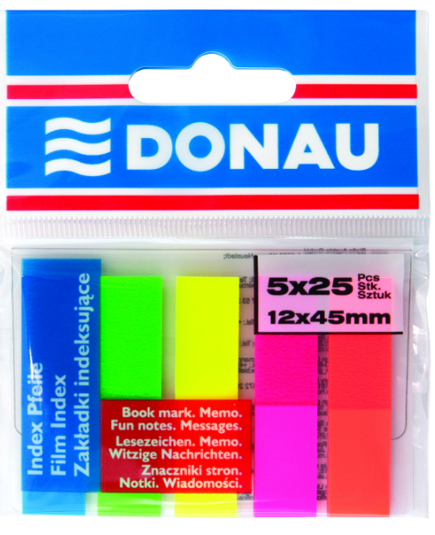 LOT DE 5X25 INDEX MARQUE-PAGES PLASTIQUES 12X45MM FLUO