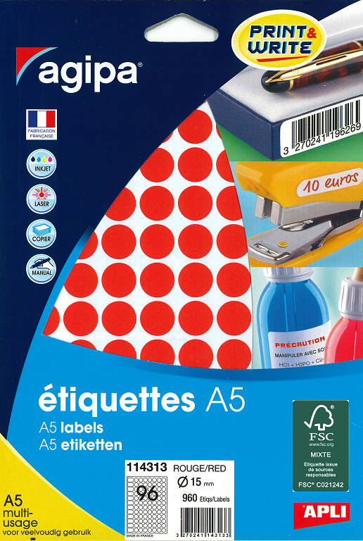 960 ÉTIQUETTES/PASTILLES RONDES DIAMÈTRE 15 MM ROUGE