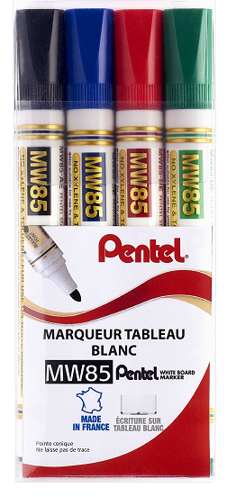 POCHETTE 4 MARQUEURS TABLEAU BLANC PENTEL MW85 OGIVE ASSORTI
