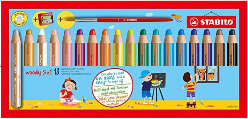 ETUI DE 18 CRAYONS DE COULEUR STABILO WOODY 3in1  + TAILLE CRAYON (fonctionne sur tableau blanc)
