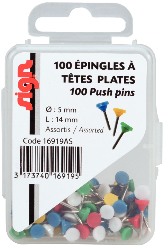 BOITE 100 EPINGLES TETE PLATE 5MM C.ASS