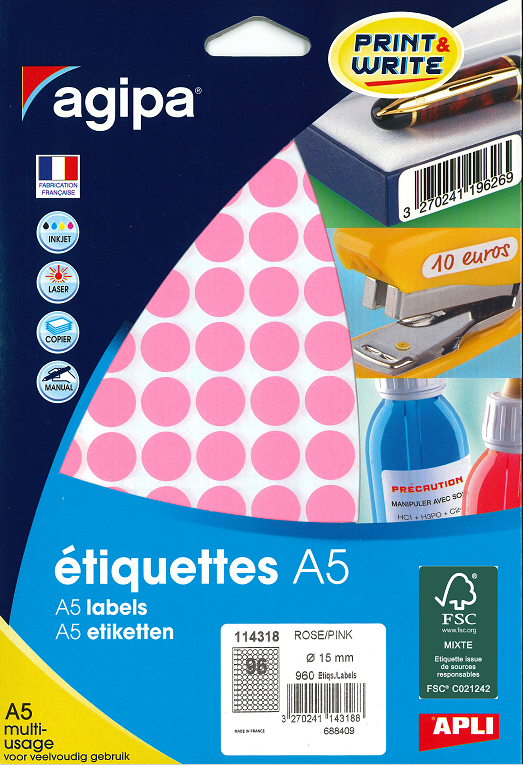 960 ÉTIQUETTES/PASTILLES RONDES DIAMÈTRE 15 MM ROSE